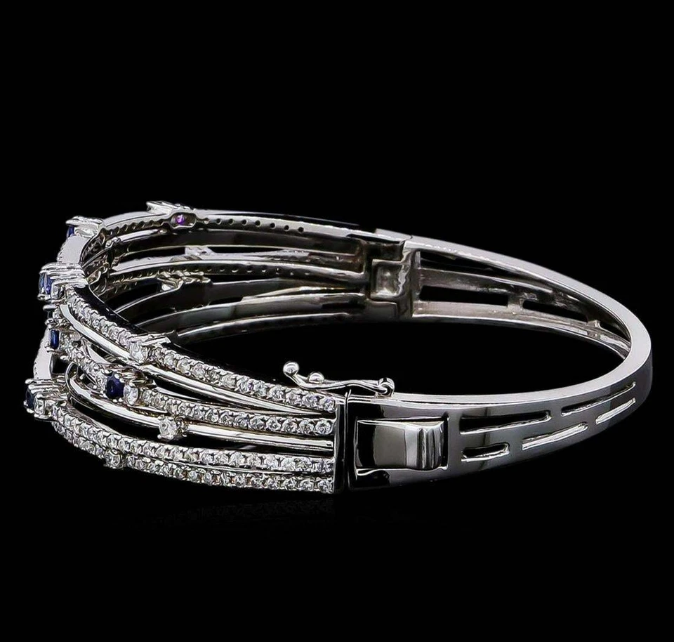Gorgeous White & Blue 1.39CT Round Simulated Sapphire Rows Bangle Cuff Bracelets - Image 2 of 4