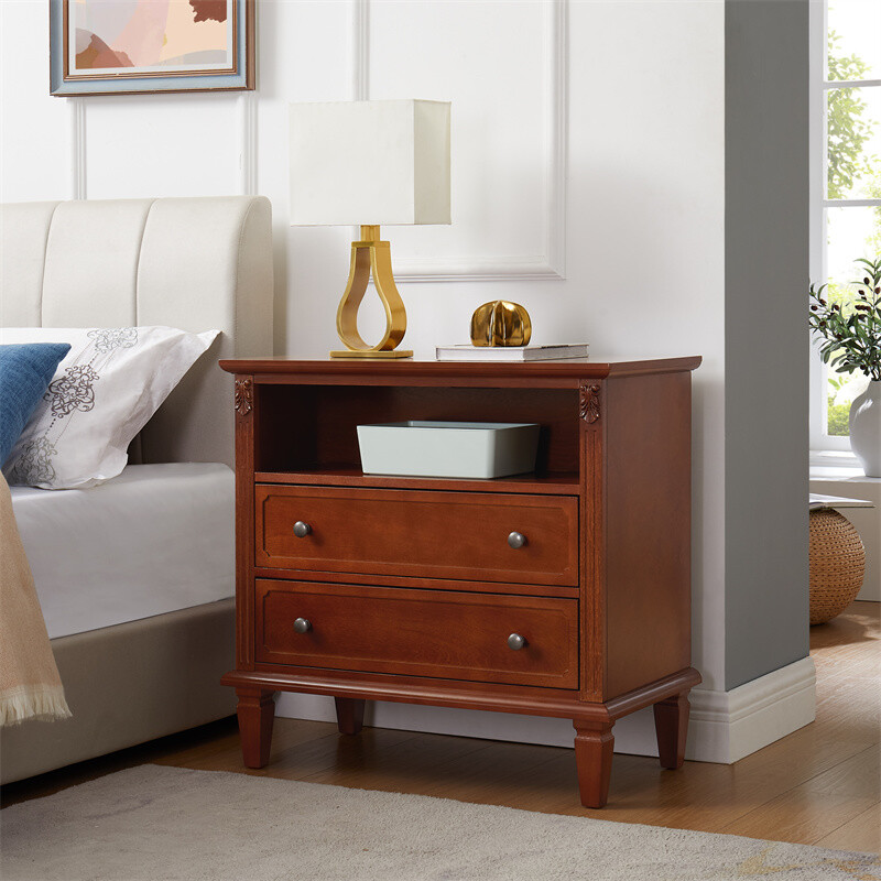 Walnut Nightstand with Charging Station Bedroom End Table with Storage Drawers