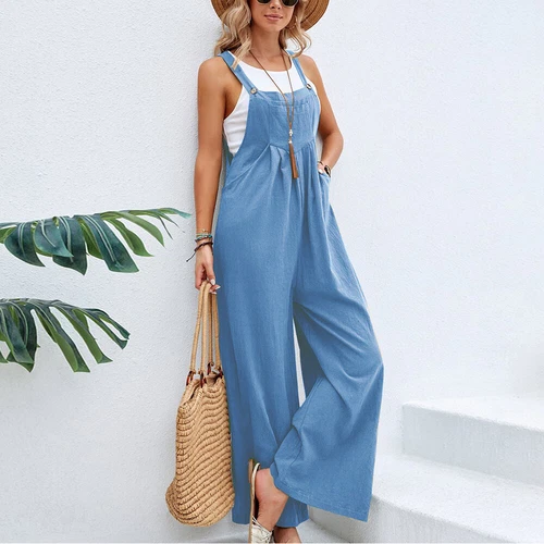 Lässige Damen-Latzhose Overall lockerer Strampler weites Bein Overall Playsuit einfarbig USA - Bild 18 von 30