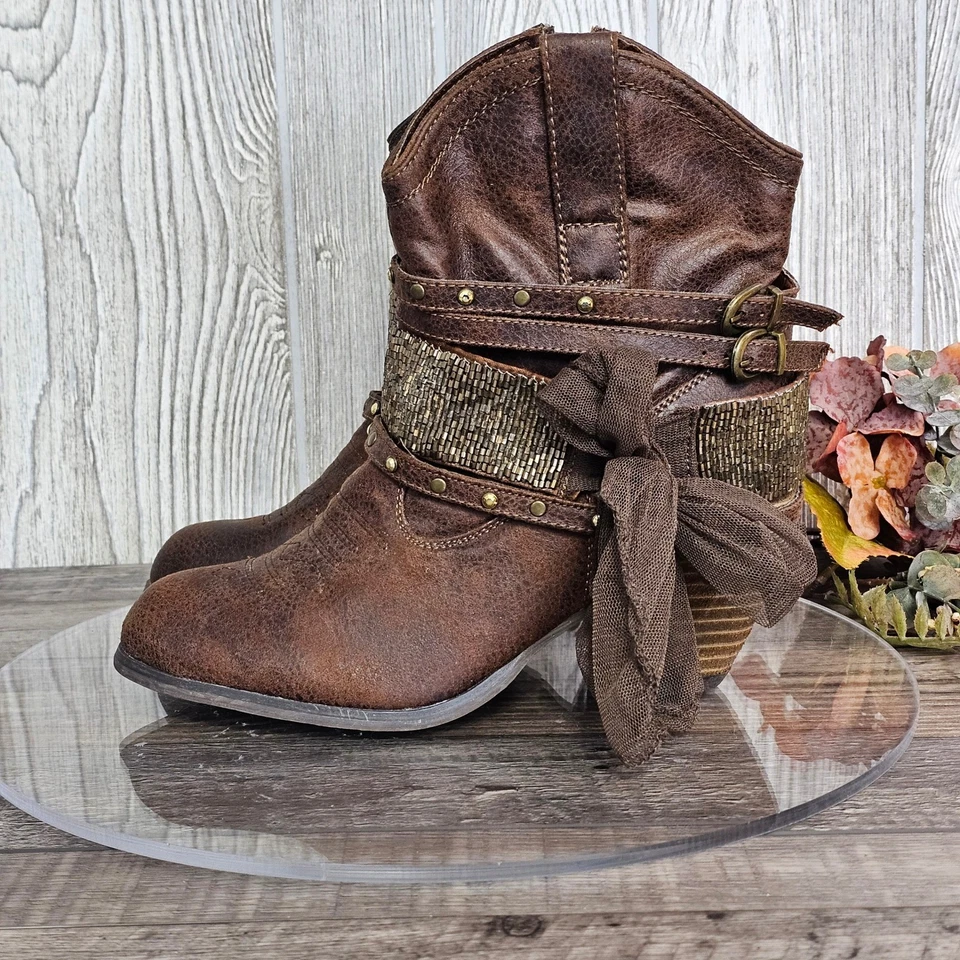 Botas al tobillo Western Boho para mujer 9,5 marrón flecos correa arco bling NUEVAS Foto 2 de 4