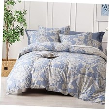 100 Natural Cotton 3pcs Floral Duvet Cover Queen 90" 90" Damask Grayish Blue