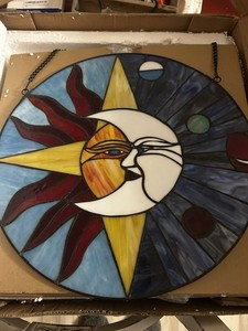 W10043 Sun Moon Star Face Tiffany Style Stained Glass Window Panel with Plane...
