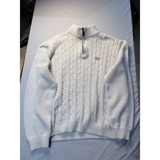 Chaps Mens XL Quarter Zip Sweater Cream White Cotton Cable Knit Pullover Logo