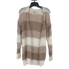 Moral Fiber M Cardigan Brown Ivory Striped Open Front Lightweight Knit Fuzzy