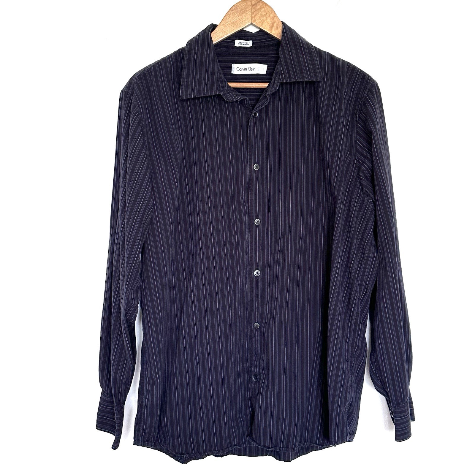 Calvin Klein Shirt Men’s Large Black Blue Striped Cotton Button Down Collar Top