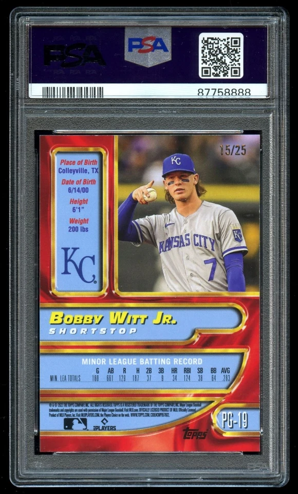2022 Topps UK '97-98 Merlins Premier Gold Redux Gold Bobby Witt Jr /25 PSA 9 RC - Image 2 of 2