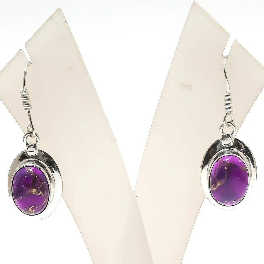 Natural Copper Turquoise Gemstone Handmade 925 Starling Silver Earring Size 1.6" - Image 1 of 1