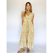 VTG 70s Boho Prairie Maxi Dress – Sleeveless Cotton Pomegranate Print, Boho