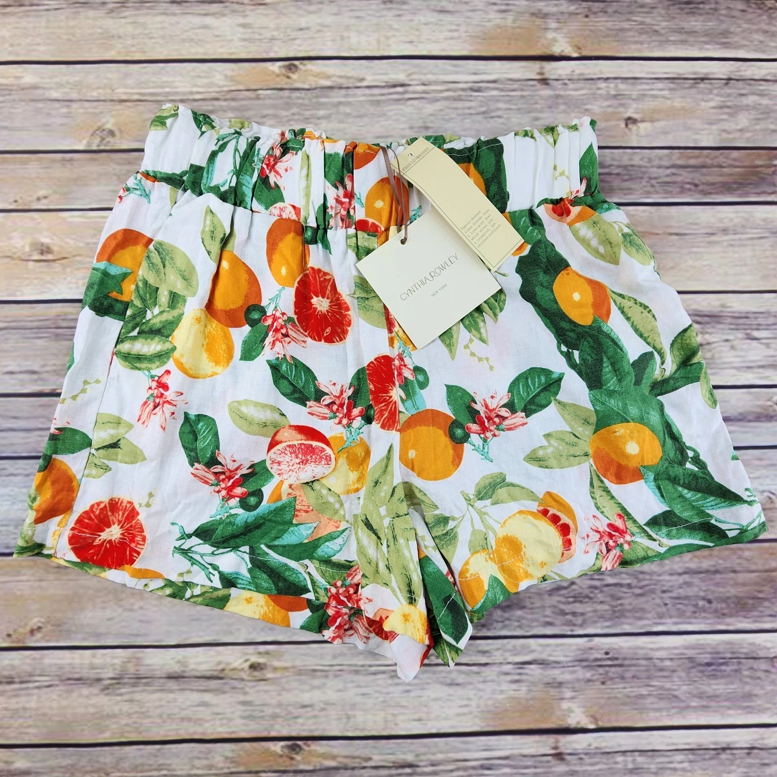 New Cynthia Rowley Shorts S Linen Blend Resort Floral Citrus Orange Fruit Print