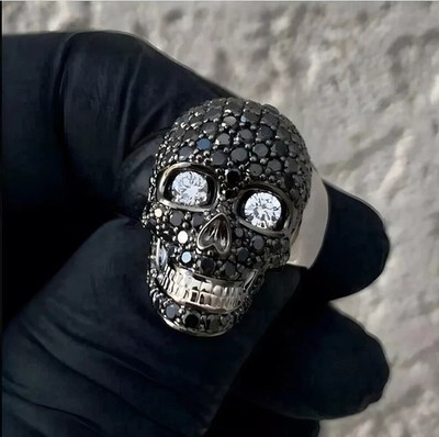 2 Ct Round Lab Created Black Diamond Skull Pinky Ring 14K Two Tone Gold Plated
