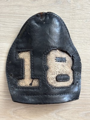 Antique Vintage Black 18 FD Fire Dept. Leather Helmet Badge Shield Cairns?