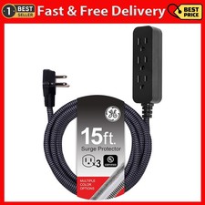GE 3-Outlet Power Strip Surge Protector 15 Ft Braided Long Cord Extension Cord S
