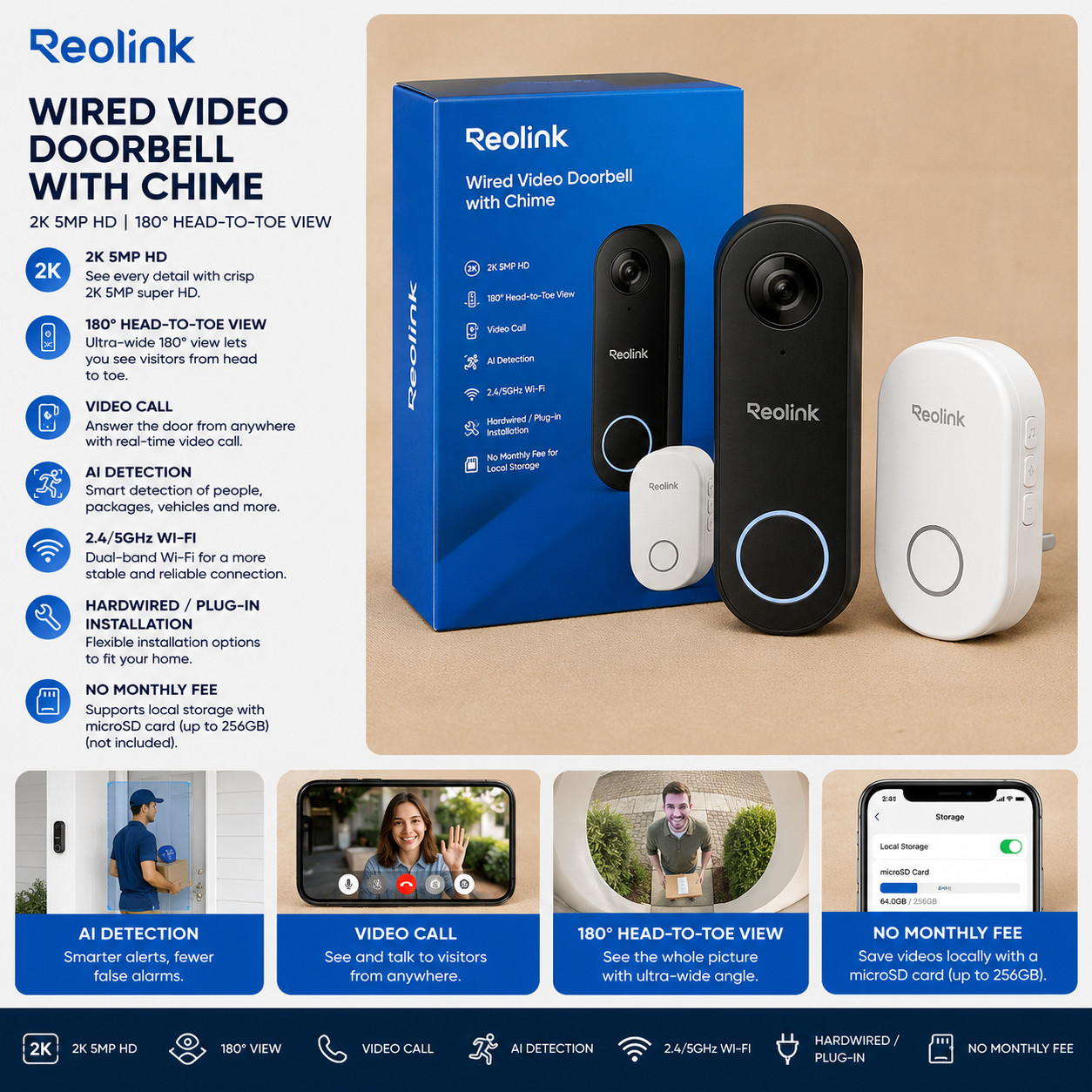 Reolink Wired Video Doorbell Chime 2K 5MP HD 2.4/5GHz WiFi Doorbell Camera 180