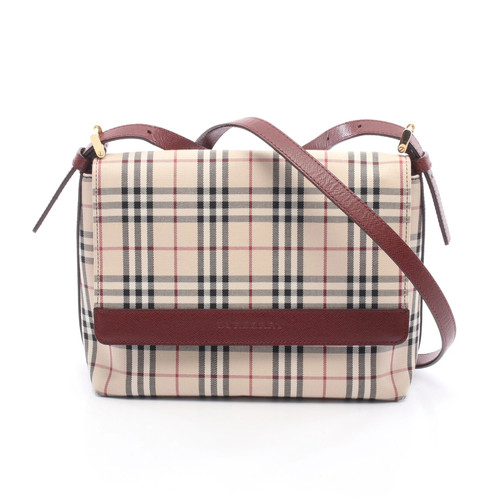 Burberry Nova Check Canvas Leather Shoulder Bag Beige Bordeaux Used Authentic