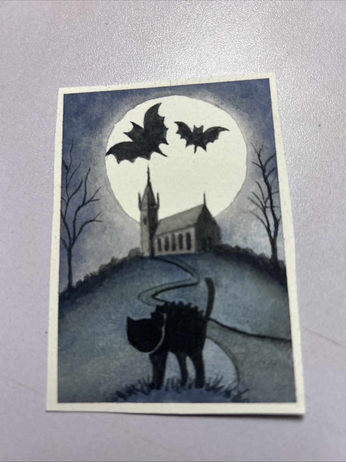 ACEO Original Art Card Ghost, Graveyard, Cat, Spooky, Night By Elizabeth Winegar