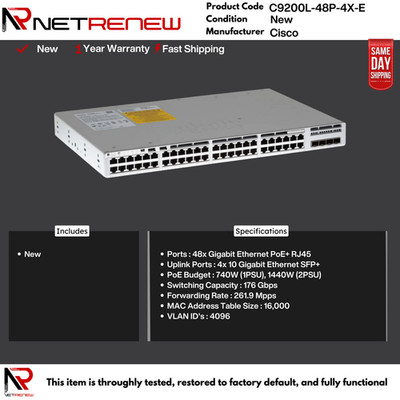 NEW C9200L-48P-4X-E Cisco  Catalyst 9200L 48x 1GB PoE+ RJ-45 4x 10GB SFP+ Switch