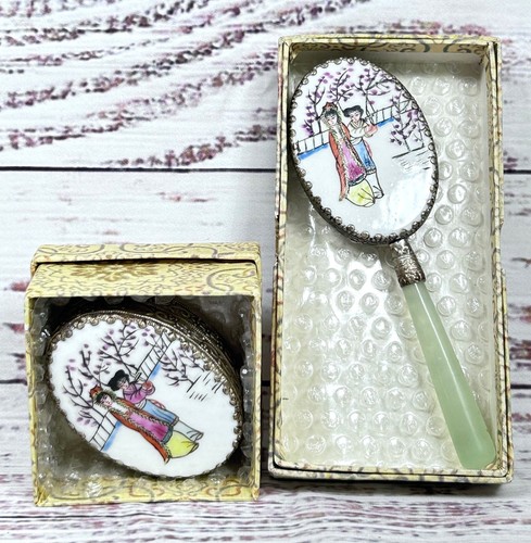Vintage Hand Painted Asian Porcelain Trinket Box Hand Mirror Jadeite Handle Lot