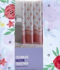 NWT Celebrate Easter Spring White Floral Print Fabric Shower Curtain 70" x 70"