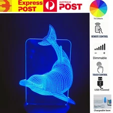 DOLPHIN 3D Acrylic LED 16 Colour Night Light Table Lamp Gift Remote Chargeable
