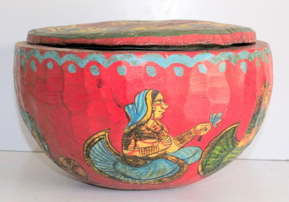 Figura de colección hecha en madera del rey reina indio pintura arte popular tribal cuenco olla Foto 2 de 4