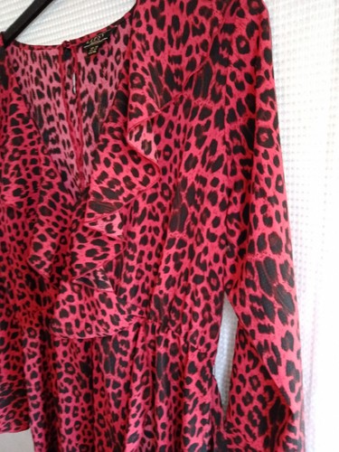 Lipsy Red Black Leopard Wrap Ruffle Dress 18 Long Sleeve Never Worn New - Picture 6 of 11
