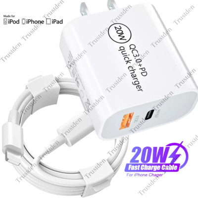 Fast Charger 20W Adapter Cube USB-C Type C PD Cable For iPhone 14 13 12 11 XR 8