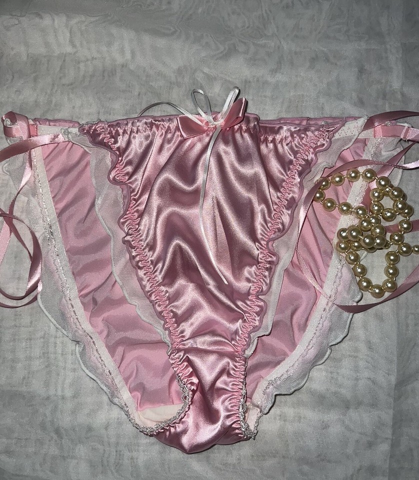 Glossy Pink & White Silky Satin Crinkle Ruffle w Bow Bikini Panties XL