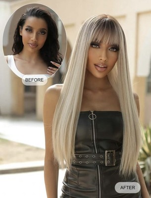 Perruque Synthétique Blonde Dorée Claire Longue Avec Frange - Bonnet +4, Neuve Sans étiquettes