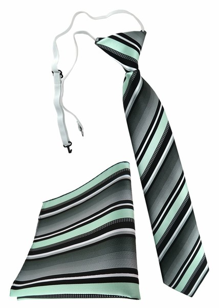 Tigertie Kinderkrawatte + Einstecktuch In Mint Silber Grau Weiss Gestreift-image