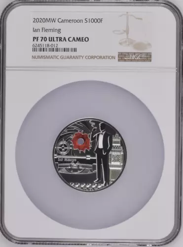IAN FLEMING JAMES  BOND 1 Oz SILVER  COIN 1000 FRANCS CAMEROON 2020 NGC PF70
