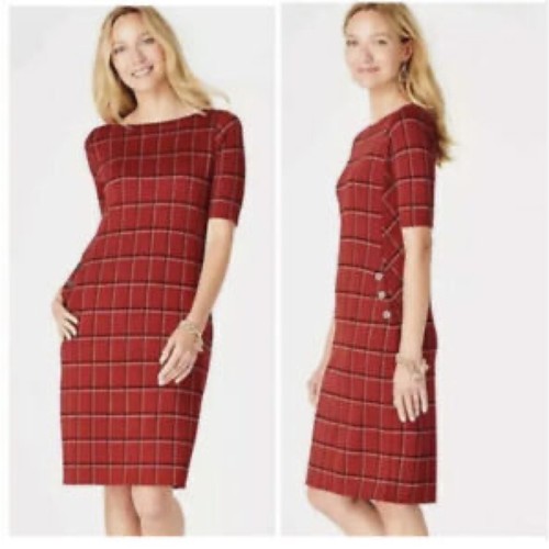 J. Jill Ponte Women Rustic Orange Plaid Short Sleeve Midi Dress size M Stretch