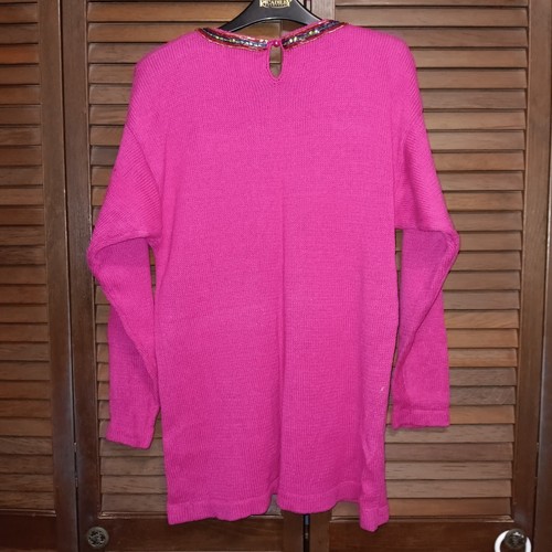 SEQUIN BLING FUSHIA PINK SWEATER BEADED BOW ACCENTS-SMALL-VILXI INTERNATIONAL - Picture 7 of 10