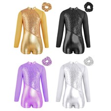 Kids Girls Dancewear Sequin Outfit Sparkling Sets Zipper Back Bodysuit Ballet