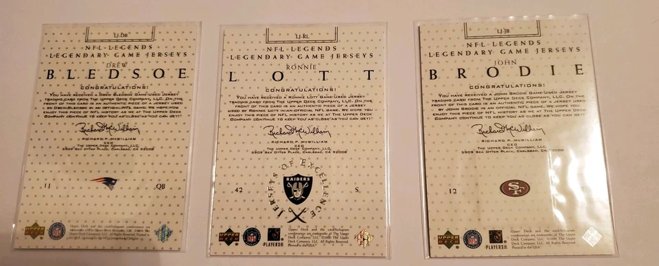 Drew Bledsoe Ronnie Lott John Brodie 批量 3 张 NFL 传奇比赛二手球衣卡 — 第 2/4 张图片