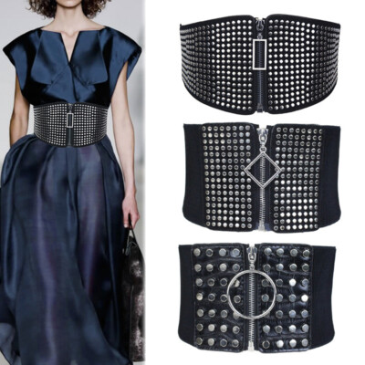 Women's Rivets High Waist Zipper Wide Belt Slimming Waistband Goth Punk Studded