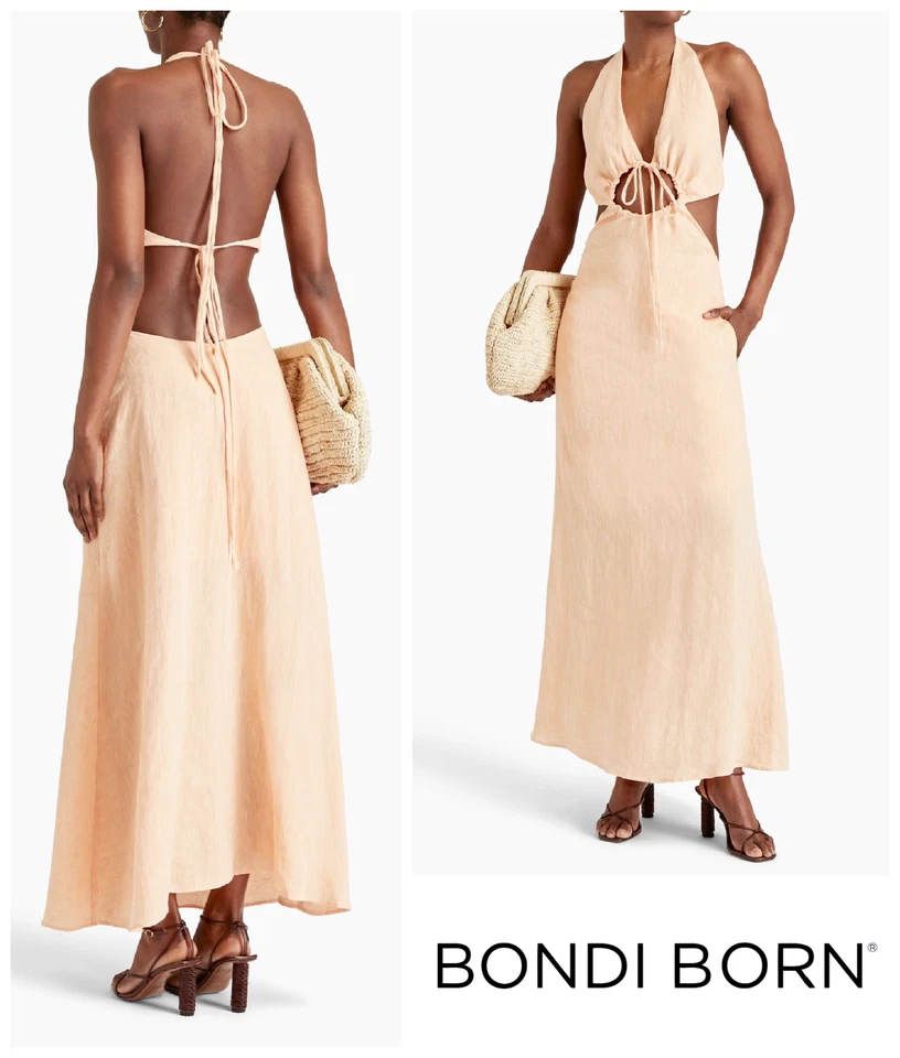 Bondi Born Womens Dress Size 10 Aitutaki Organic Linen Halter Cutout Sexy Midi