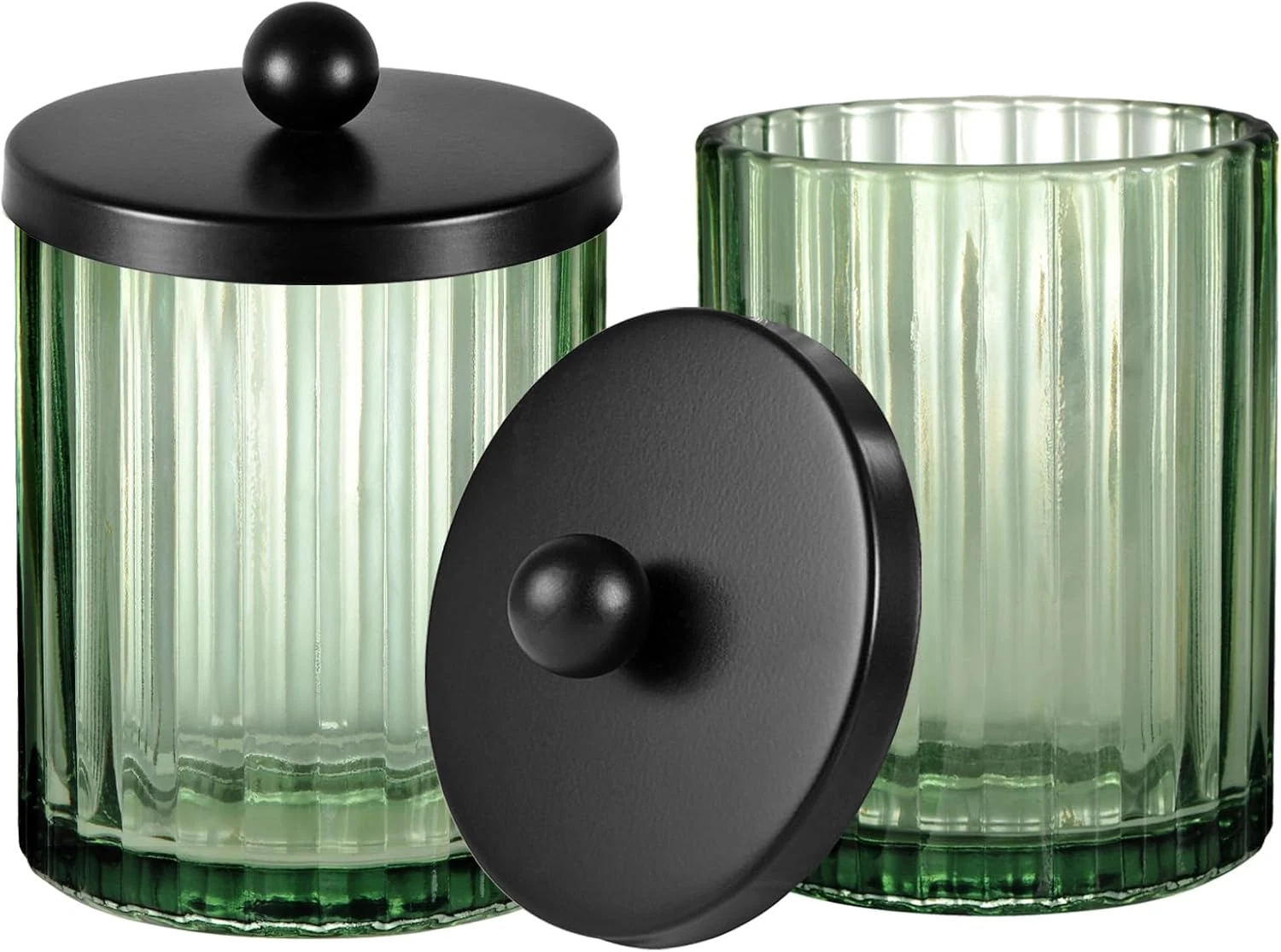 Sage Green Glass Apothecary Jar, Qtip Holder Dispenser for Cotton Swabs, Balls,