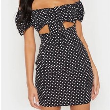 PrettyLittleThing Black White Polka Dot Dress Waist Cut Out Size 10