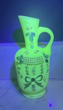 Victorian Pale Green Custard Satin Uranium Glass Vase/Ewer - Hand Painted 7  