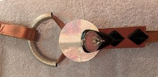 Mother Of Pearl Silver-Metal Lariat Belt Adjustable Copper Faux Leather Vtg L 