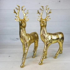 Faux Brass 12 x 9" Reindeer Gold Figure Set of 2 Textured Plastic Holiday Decor