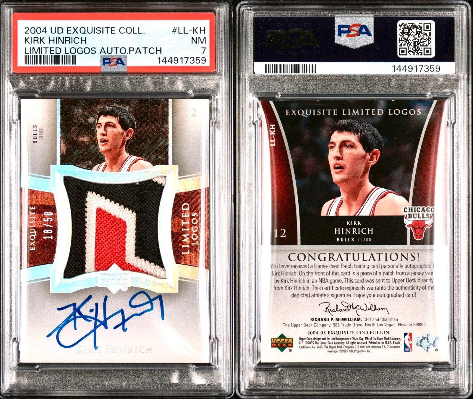 KIRK HINRICH 2004 Exquisite Limited Logos Game-Worn Patch Autograph 18/50 PSA 7 view 3