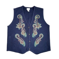 Vintage Koret Women's Medium Pure Wool Cardigan Sweater Vest Embroidery V-Neck