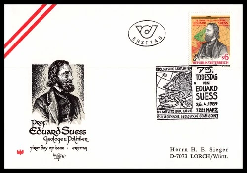 Austria FDC 1989 March 75. Death anniversary geologist Prof. Eduard Suess