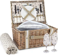 Willow Picnic Basket Set for 2 Persons with Large Insulated Cooler Bag and Water
