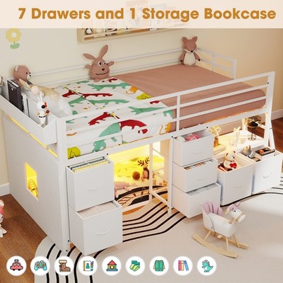 Stairway Twin Size Loft Bed with Bookcase Desk, Storage Stairs &7 Fabric Drawers