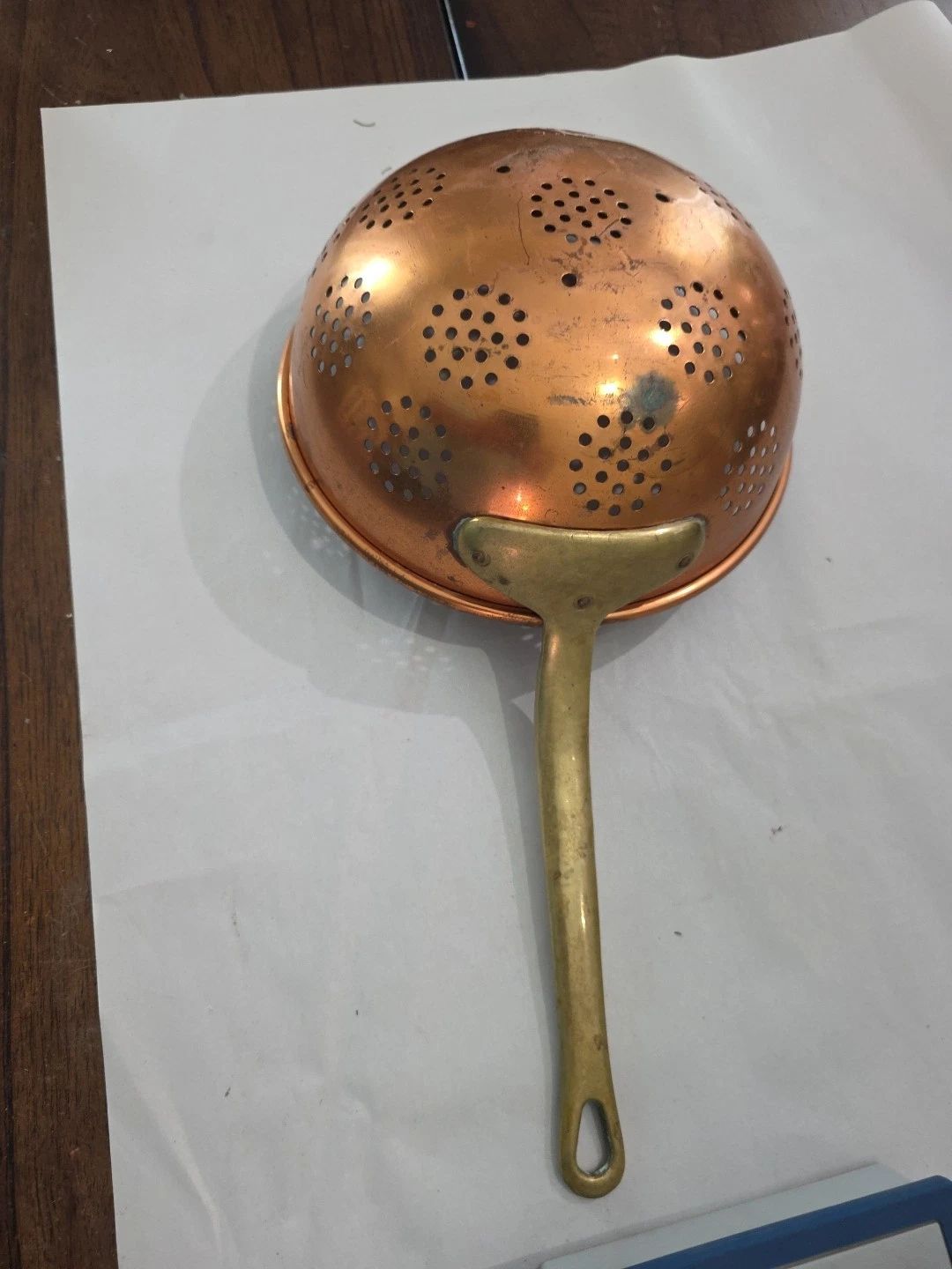 antique vintage copper colander strainer brass handle 17”