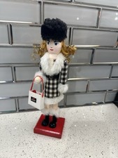 Plaid Nutcracker Christmas Party Shopping Woman with Fur Hat And Scarf 10" H