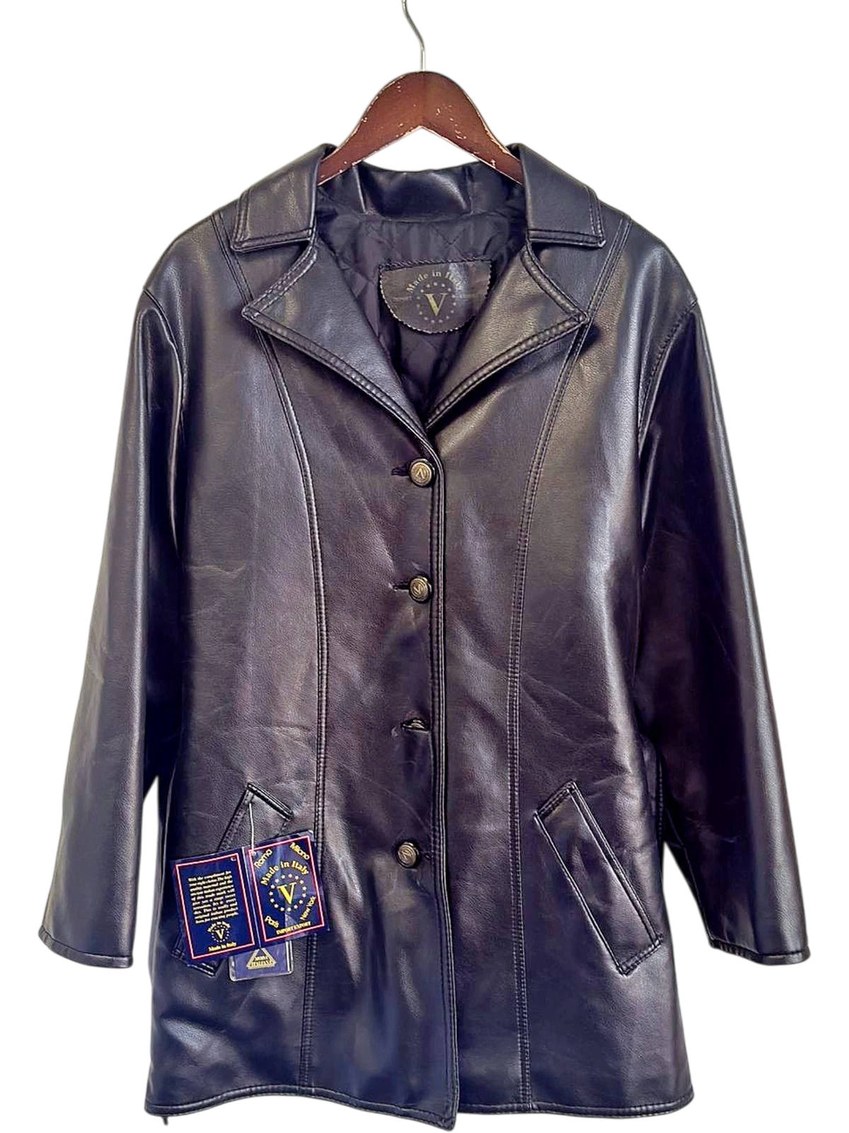Genuine Italian Leather Jacket Black Button-Up Coat Size L Quilted Lining