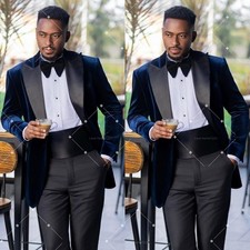 Peak Lapel Men's Formal Suit Navy Blue Wedding Tuxedo Jacket 2Pcs FREE Bow Tie